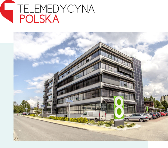 Budynek firmy Telemedycyna Polska z widocznym logotypem